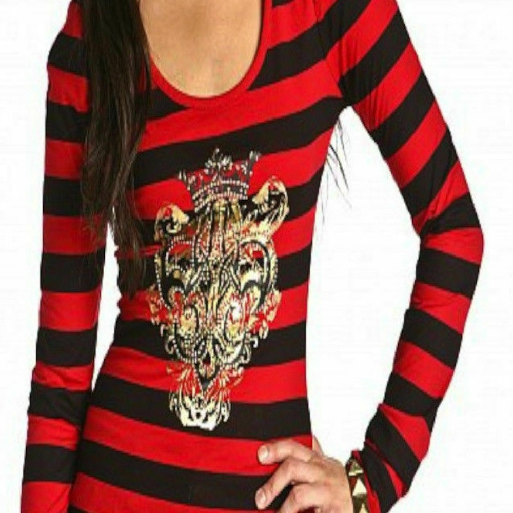 NEW Dereon Y2K striped long sleeve tee shirt RED BLACK 2X 18 20 PLUS SIZE